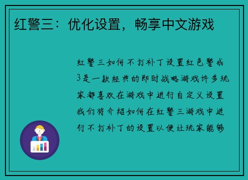 红警三：优化设置，畅享中文游戏